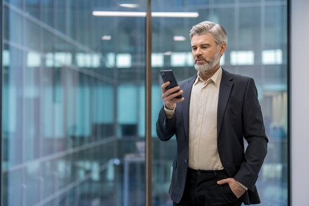 Professional businessman with a beard using his mobile phone, standing in a contemporary corporate environment with glass walls, reflecting technology and communicationの写真素材