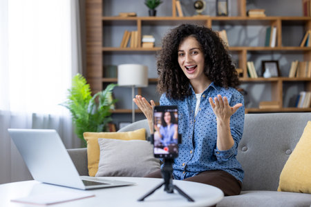 Woman with curly hair sitting on a sofa and recording a video blog with her smartphone on a tripod, gesturing actively while live streaming her contentの写真素材