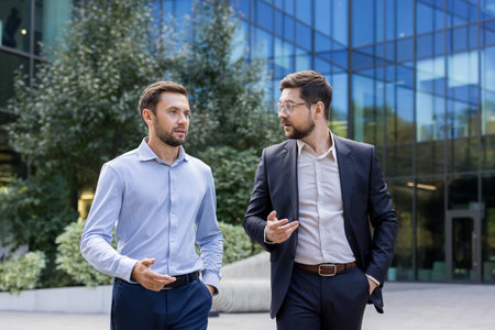 Two male businessmen actively engaging in a focused conversation, discussing important work matters and business development outside a contemporary glass office buildingの写真素材