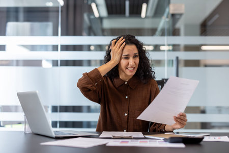 Stressed businesswoman holding a document and clutching her head, experiencing frustration and...