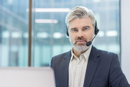 Senior businessman with gray beard and headset providing focused customer support from a modern...