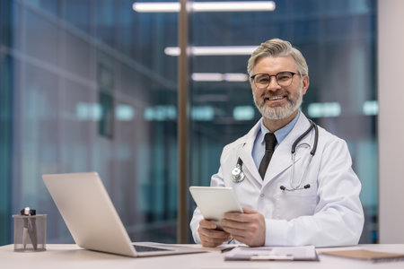 Experienced male doctor smiling and holding a digital tablet, sitting at a desk with a laptop, reflecting modern healthcare technology in a professional clinic settingの写真素材