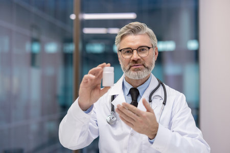 Senior male doctor wearing white lab coat and stethoscope, holding a blank white medicine bottle, and gesturing with his hand while explaining treatment optionsの写真素材