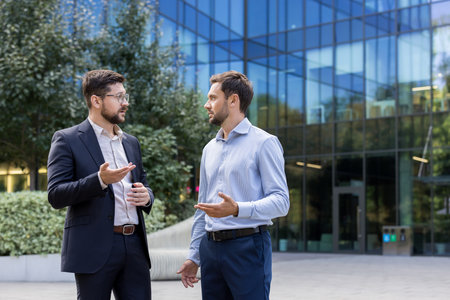 Businessmen standing outdoors, actively engaging in a professional discussion, exchanging ideas, and communicating while networking in front of a modern glass office buildingの写真素材