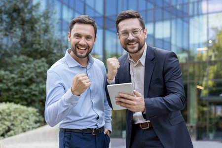 Two happy businessmen celebrating an achievement, clenching fists and smiling at camera while one is holding a digital tablet with a modern office building in backgroundの写真素材