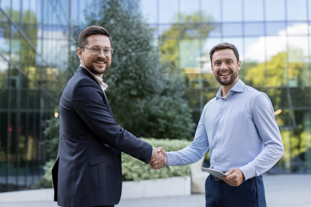 Two smiling adult businessmen confidently shaking hands, sealing a partnership or agreement while standing outside a modern office building, symbolizing successful collaboration and trustの写真素材