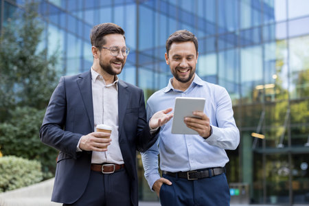 Two cheerful male colleagues brainstorming and collaborating on a new business project using a digital tablet while standing outdoors in front of a modern office buildingの写真素材