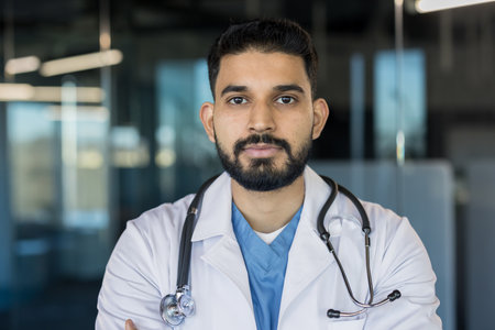 Young indian male physician wearing a white lab coat and stethoscope, standing confidently in a modern medical office setting, representing healthcare professionalism and expertiseの写真素材