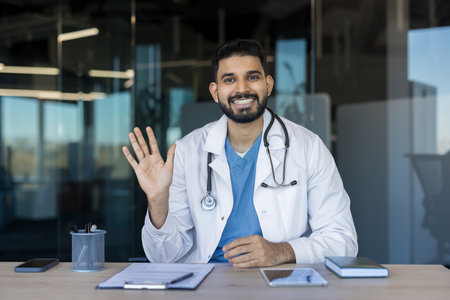 Smiling male doctor wearing a white coat and stethoscope, sitting at a desk and waving hand, offering a friendly greeting during a virtual healthcare appointment or online consultationの写真素材