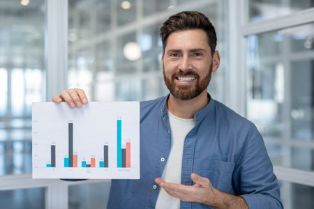 Smiling professional man presenting a bar chart with financial data and statistics, explaining business growth and marketing results in a blurred modern officeの写真素材