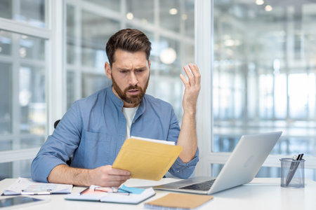 Stressed businessman sitting at office desk, receiving bad news, holding document envelope, expressing confusion and frustration with paperwork while struggling with a complex problemの写真素材