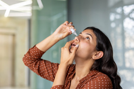 Young woman applying eye drops, providing ocular relief and maintaining vision health, addressing...