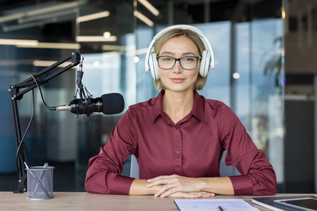 Professional woman wearing headphones and eyeglasses, sitting at a desk with a microphone, recording...