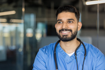 Young male doctor or medical professional with a beard smiling, looking away with a thoughtful or hopeful expression, wearing blue scrubs and a stethoscope in a modern clinic or hospital settingの写真素材