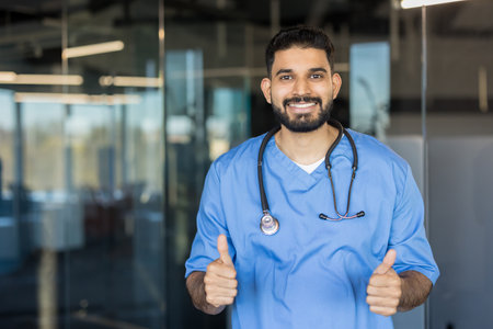 Smiling male doctor wearing scrubs and a stethoscope expressing approval and trust, highlighting excellent medical service and positive healthcare outcomesの写真素材