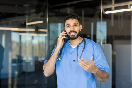 Young indian male doctor in blue scrubs and stethoscope having an animated conversation on a mobile phone, discussing patient care in a modern hospital settingの写真素材