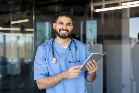 Bearded male nurse wearing blue scrubs and stethoscope, standing confidently while holding a digital tablet, representing modern healthcare technology and patient careの写真素材