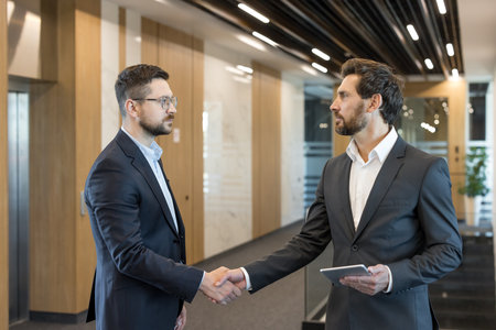 Two professional businessmen shaking hands in a modern corporate office, finalizing a partnership deal after a successful meeting, symbolizing agreement and collaborationの写真素材