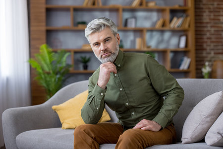 Mature man with stylish grey hair and beard sitting comfortably on sofa in a modern apartment, looking intently at camera with a thoughtful and serious expression on his faceの写真素材