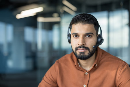 Indian man wearing a headset with a microphone, looking directly at the camera, providing online or telemarketing customer service and technical support in a modern office environmentの写真素材