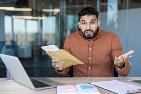 Young man sitting at his office desk feeling shocked and confused after opening a brown envelope with important financial documents, representing unexpected problems and debtの写真素材