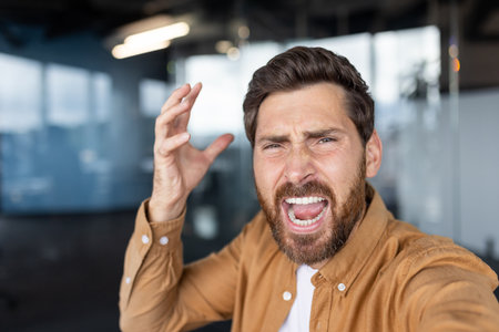 Furious businessman shouting in an office, overwhelmed by stress and frustration, mouth wide open as he vents anger and exhaustion from work pressure and burnoutの写真素材