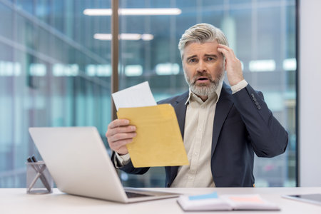 Mature businessman receiving a document in an envelope, feeling shocked and worried while sitting at his office desk with a laptop, reflecting business problems and financial stressの写真素材
