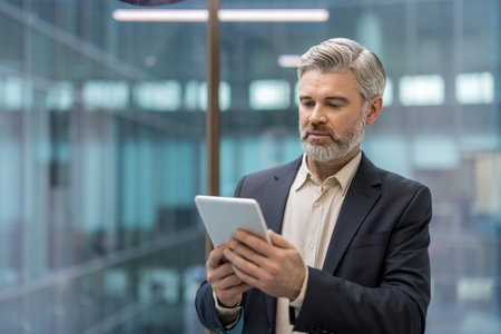 Mature businessman in a suit stands in a modern office, focused on a digital tablet as he types and...