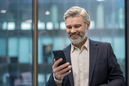 Experienced businessman smiling while interacting with a mobile phone, representing professional communication, technology use, and happy corporate connectivity in a modern office environmentの写真素材