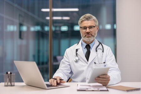 Professional senior male doctor wearing a white coat and stethoscope, sitting at a modern desk, working with a laptop and holding a digital tablet, providing healthcare and medical expertiseの写真素材
