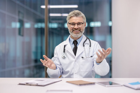 Smiling senior doctor in white coat and stethoscope at desk offering virtual telehealth consultation...