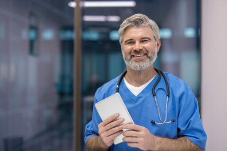 Confident senior male doctor in scrubs with stethoscope smiles while holding a tablet in a modern clinic hallway, conveying expertise, warmth and digital-ready patient careの写真素材