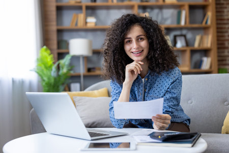 Woman with curly hair smiling and looking at camera while holding a paper document, sitting on a sofa with a laptop, managing her budget and personal finances remotely from her home officeの写真素材