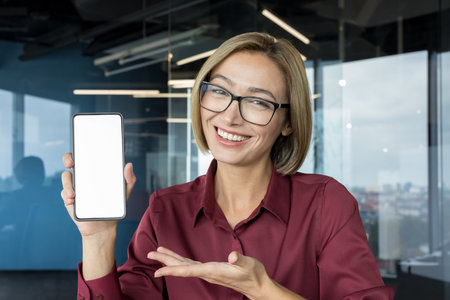 Female professional entrepreneur enthusiastically showing a mobile phone with a white empty screen for advertising or app promotion against a modern office backgroundの写真素材