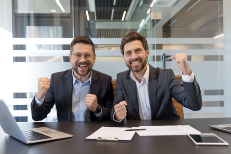 Two businessmen cheer and raise fists at a desk in a modern office, celebrating a successful deal and partnership with smiles, laptops and documents nearby, confident and triumphantの写真素材