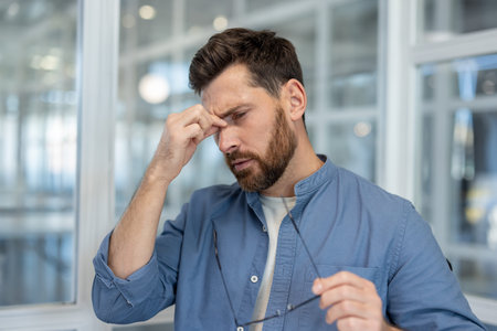 Stressed bearded man experiencing a severe headache, holding his forehead with one hand and...