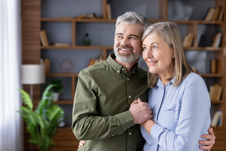 Senior couple embracing and smiling as they look out a window together in their cozy living room, radiating love, companionship, contentment and hopeful retirement lifeの写真素材