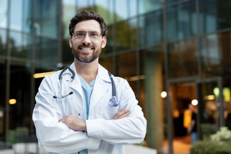 Confident male doctor standing with crossed arms, wearing a white lab coat and stethoscope, smiling while looking at the camera outdoors in front of a modern buildingの写真素材