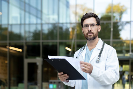 Male doctor or physician wearing a white lab coat and stethoscope, holding a clipboard with medical documents, standing confidently in front of a modern hospital or clinic buildingの写真素材