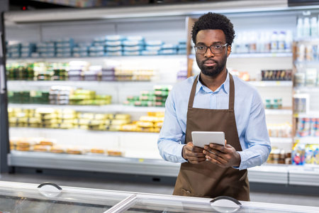 African american male worker wearing glasses and apron, holding a digital tablet while standing in front of refrigerated shelves in a supermarket, managing inventory and operationsの写真素材