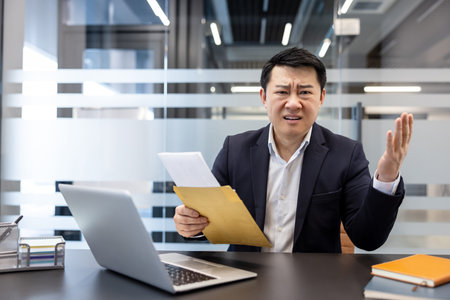 Asian businessman receiving a layoff letter from an envelope at his desk, expressing extreme...