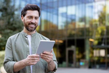 Smiling man interacting with a modern digital tablet, a wireless device for communication and remote...