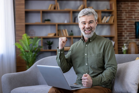 Happy senior man with grey hair and beard cheering, showing excitement and personal achievement...