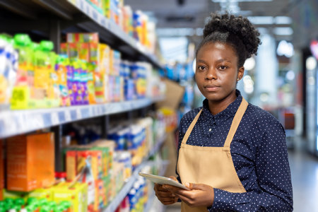 African ethnicity woman wearing an apron and a patterned shirt, standing in a grocery store aisle amidst shelves stocked with various products, concentrating while holding a tablet computerの写真素材