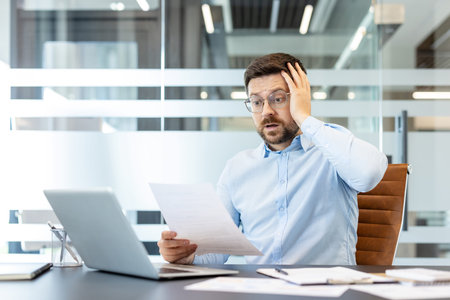Businessman receiving stressful news while reviewing an official document, reacting with shock and...