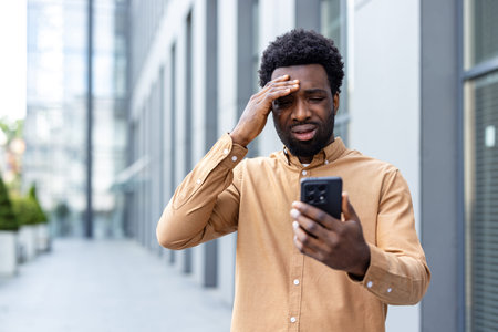 Young man standing outdoors, wearing a brown shirt, holding a mobile phone and reacting with...