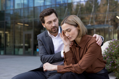 Businessman offering empathetic support to a distressed colleague outdoors, comforting a teary woman...