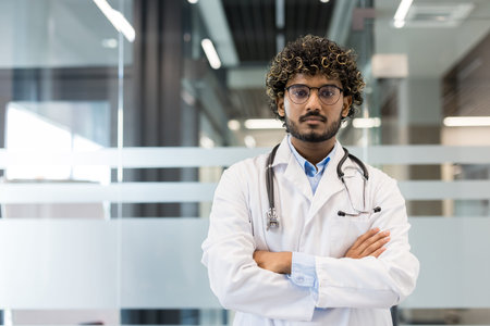 Young indian male doctor in white coat with stethoscope, arms crossed, confident serious expression, standing in modern hospital interior, professional portrait, front view