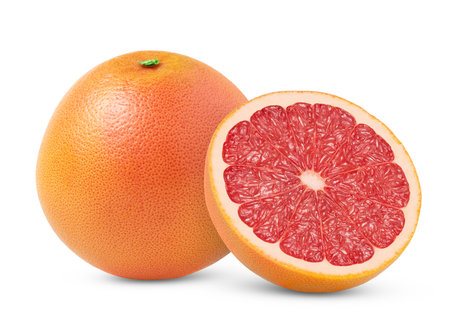 Pink whole grapefruit and half isolated. Grapefruit half with zest isolated with clipping path. Full depth of fieldの写真素材