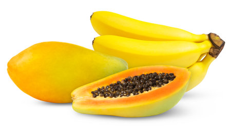 Ripe juicy papaya fruit and cut in a half with yellow banana isolated with clipping path.の写真素材